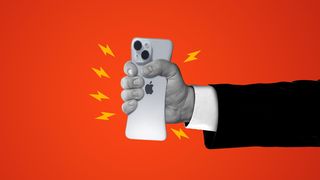 Illustration of a hand squeezing an iPhone with sparks coming out. 